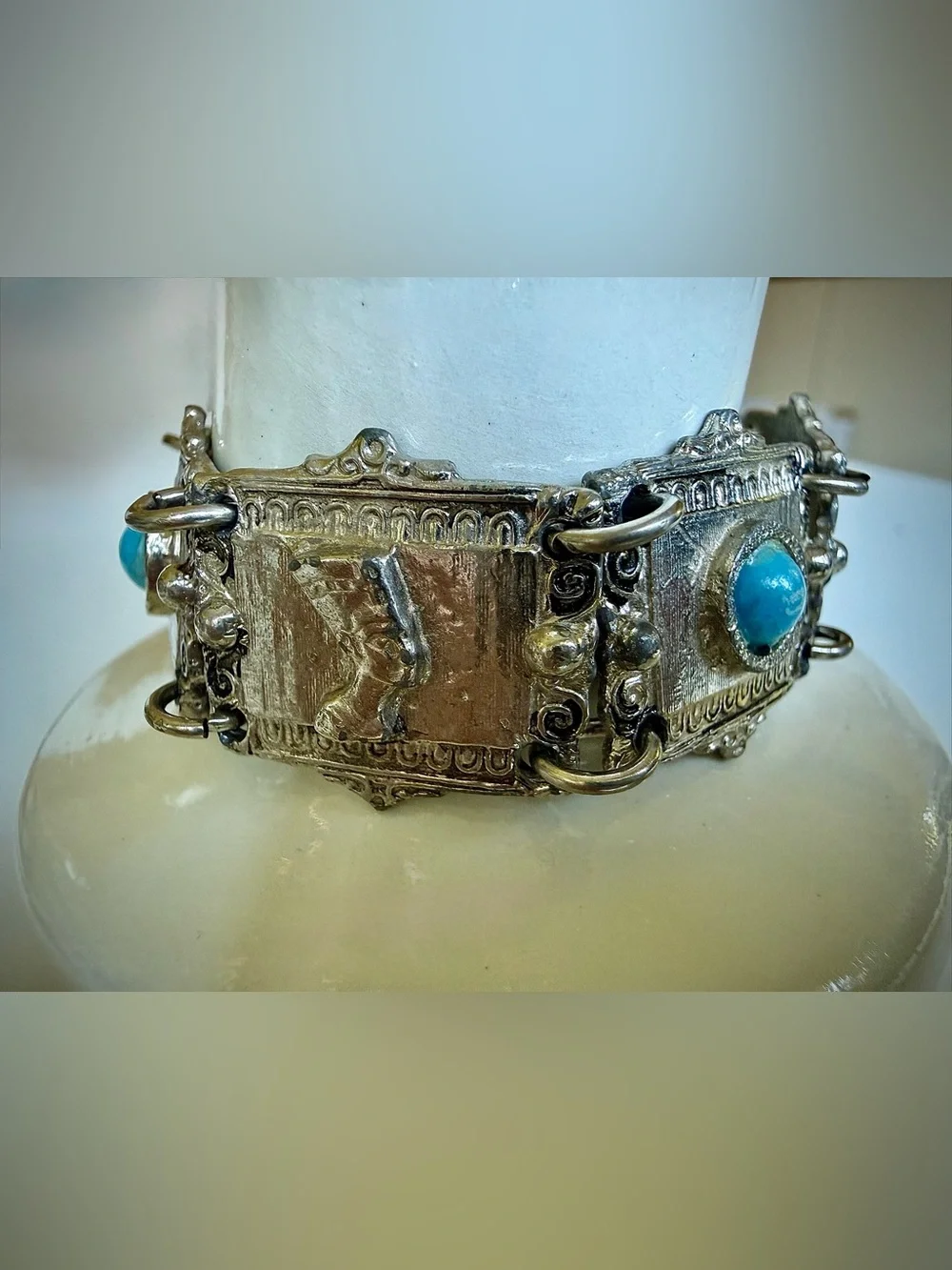 Vintage Silver Tone Egyptian Revival Panel Bracelet Turquoise Colored Cabochons
